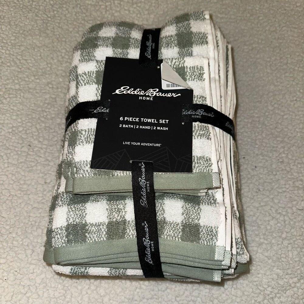 Eddie Bauer Bath Towel Set Preston Check Olive Green White Plaid NWT
